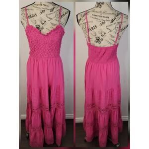 Lizzette Collection Maxi Dress SZ Small Layered Smocked Crochet Cutout Cottage